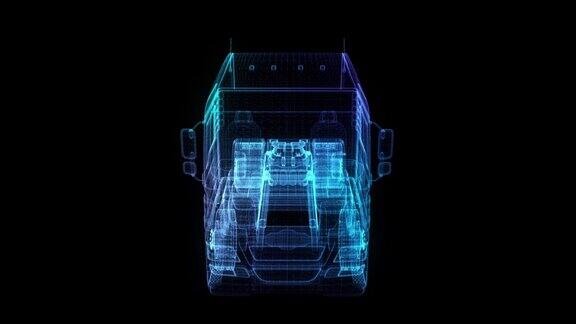 欧元的卡车发光点线和网格形成的3d模型卡车4k动画