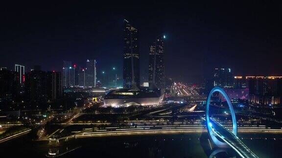 夜光南京国际青年文化中心人行滨江大桥航拍全景4k中国