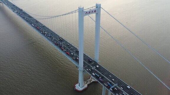 广州南沙大桥黄昏高角度航拍