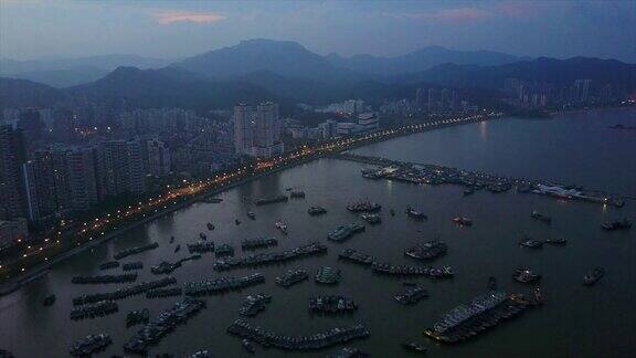 夜间珠海湾市景港口停车航拍4k中国全景图