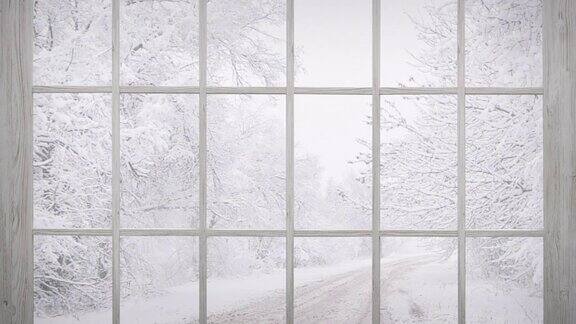 窗外慢动作雪花飘落