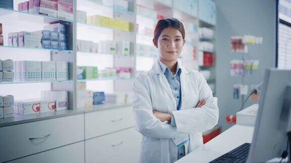 药店:美丽的亚洲女性药剂师的肖像穿着白色的实验室大衣看着相机微笑在她的收银台后面货架上的药品包装保健产品