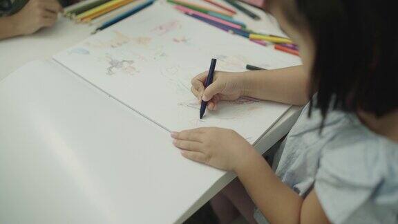 一个女孩在家里的画册上画着云