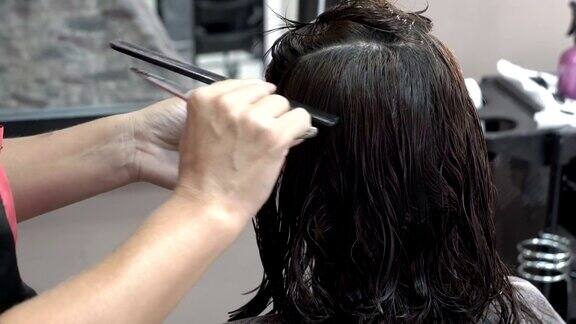 美发大师的手的特写她用剪刀梳理和剪那女孩的黑发4k