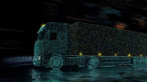 未来技术概念:带货运拖车的自动半挂车在数字道路上行驶传感器扫描周围环境自动驾驶卡车数字化高速公路的特殊效果