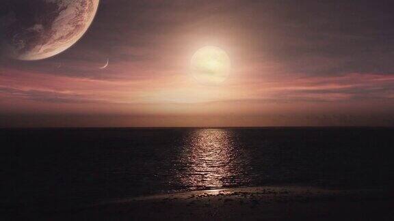 平静的海面上有超现实的天空两个月亮