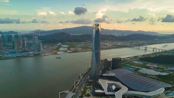 中国日落时间珠海国际会展中心海湾航拍全景4k时间延时