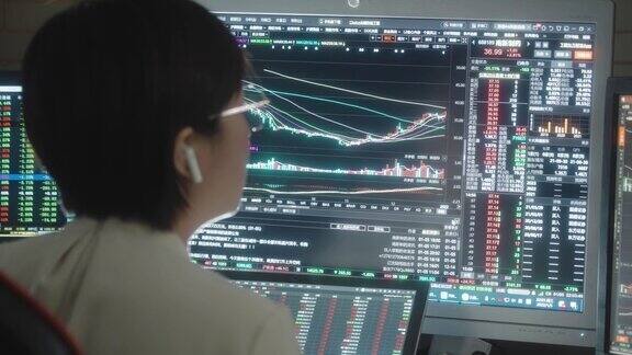 在监控室分析股票市场数据的女商人