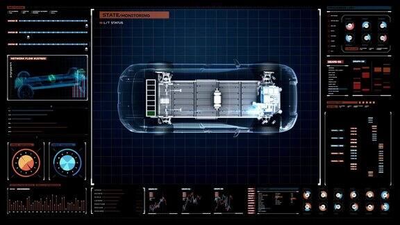 充电电子混合动力锂离子电池回声车在数字未来显示界面侧面俯视图环保的未来汽车4kmovie.2