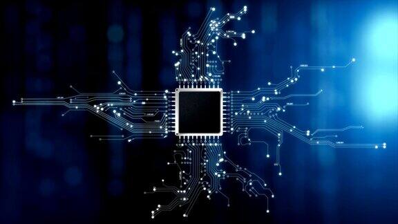 4KCPU芯片组和电路与数据传输移动在黑暗背景的技术网络和未来概念
