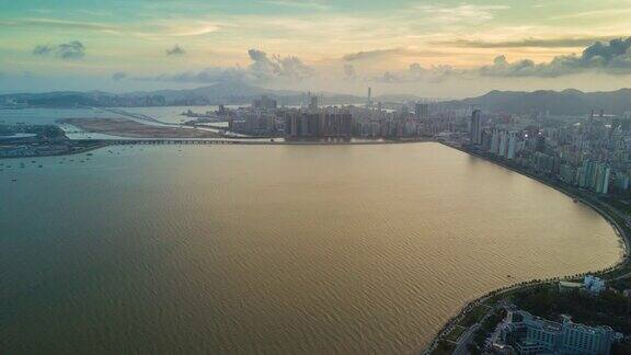 中国黄昏日落珠海著名海湾澳门航拍全景4k时间流逝