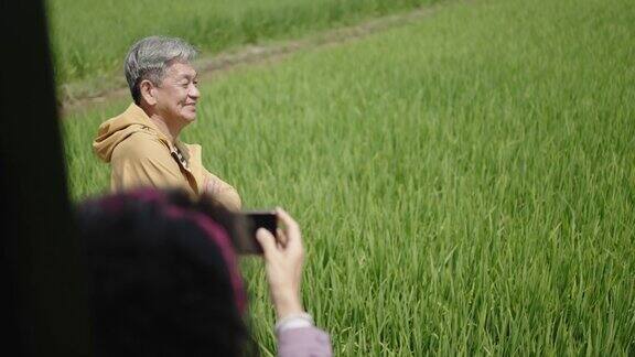 亚洲华人老年男子摆姿势让他的妻子在稻田前用智能手机相机拍他