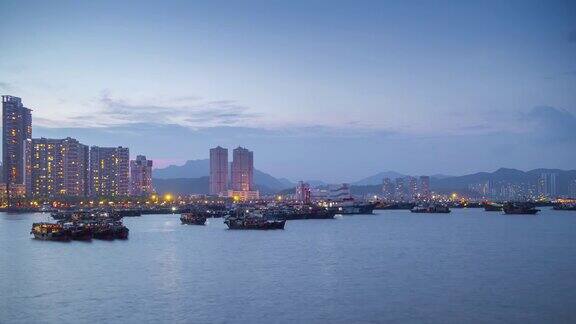 黄昏日落珠海城市码头港口海岸线全景4k时间流逝中国