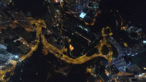 中国夜灯香港市中心公园空中降下4k全景图