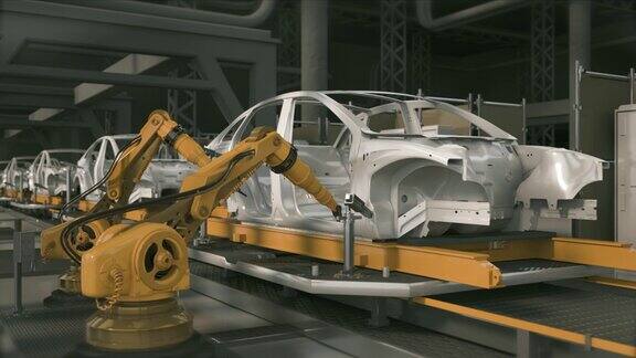 汽车工厂3D概念:自动化机械臂装配线制造高科技绿色能源电动汽车建筑建筑焊接工业生产输送机循环3d