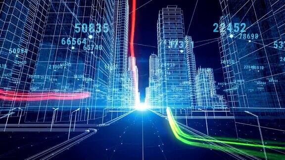 彩色笔触通过数字和网格数字夜城市3d蓝图商业和技术概念3d动画
