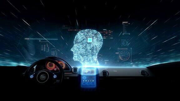 在未来混合动力汽车内部Brainhead连接数字线路扩展人工智能