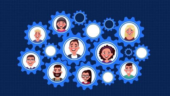 商务人员团队合作和联系概念动画一组不同的快乐的人化身在齿轮一起工作作为一个专业的团队工作