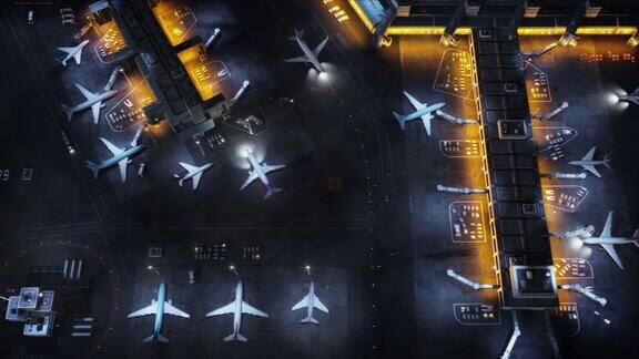 3D商业机场鸟瞰图与飞机客运码头跑道和服务机械渲染自顶向下平移视图现代视觉特效飞机在夜间移动国际港口