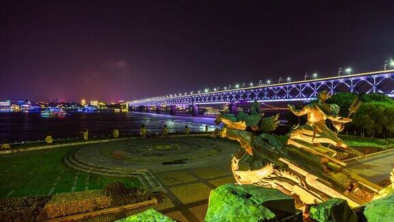 夜光武汉江畔纪念碑大禹神花桥视点全景4k时间流逝中国