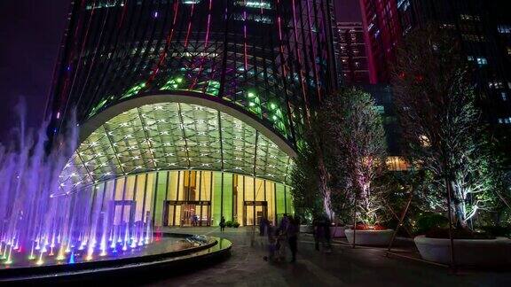 夜间照明深圳市著名建筑入口喷泉全景4k时间推移中国
