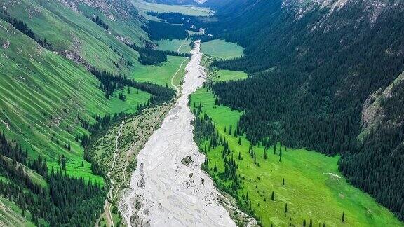 航拍新疆河绿草原自然景观