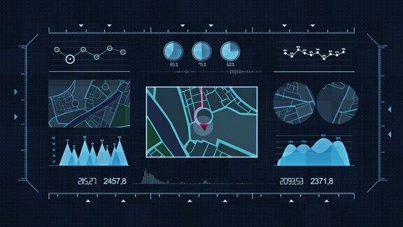 未来的多屏幕小工具面板未来HUD全息数字城市地图导航动画夜导航城市地图GPS导航定位动画夜