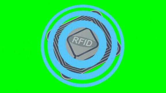 静态RFID芯片在绿色背景上以圆圈形状发射波的动画回路