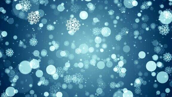粒子蓝色雪花雪花冬天闪烁散景抽象背景环