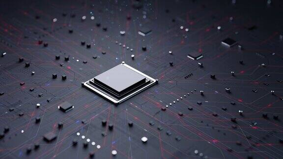Cpu芯片组落地安装到主板电子印刷电路板的三维渲染动画技术和未来概念的中央处理单元微处理器