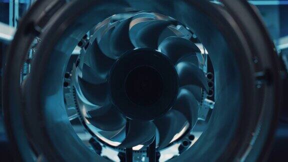 先进的未来涡轮发动机与移动风扇现代工业喷气发动机研发中心放大近距离镜头从内部涡扇发动机