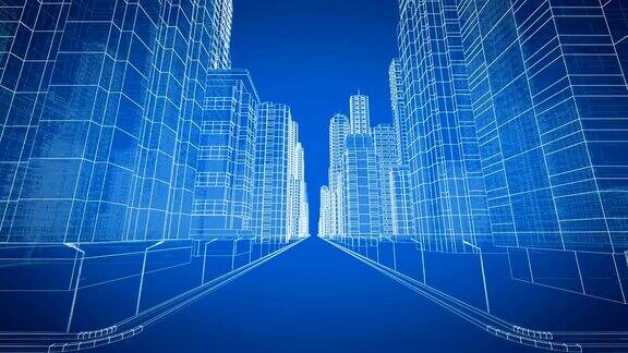 美丽的现代城市通过数字3d蓝图施工与技术概念蓝色3d动画循环