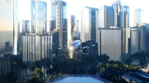 在一个阴天一架无人驾驶客机飞到这里接乘客无人驾驶空中出租车动画的3D渲染
