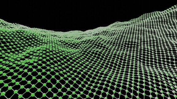 网格波浪表面移动的黑色背景设计网络空间中的虚拟表面网格带有波浪的网格表面在虚拟空间中旋转