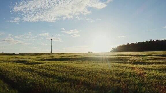 旭日的光芒照亮了草地草地上有风力发电机