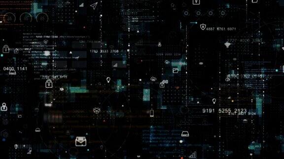 运动图形的蓝色数据矩阵模拟数字网格线和ai技术图标与未来的HUD屏幕在黑色抽象背景