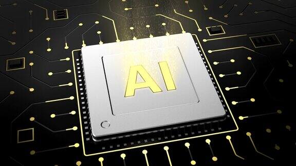 计算机芯片在电路背景上的3d渲染与AI符号