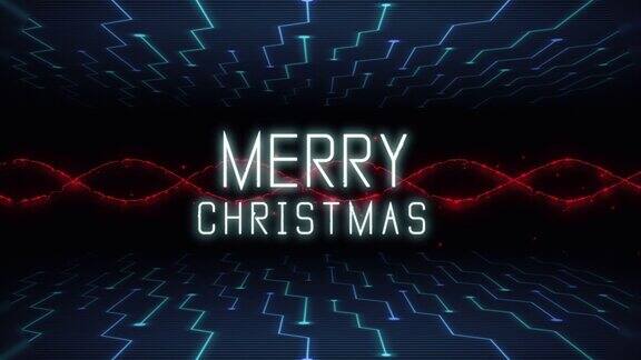 圣诞快乐的文字与霓虹HUD元素和波在屏幕上