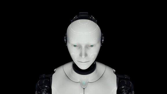 人形机器人是活跃的人工智能摄像机绕着机器人飞4k3d动画在黑色的背景上