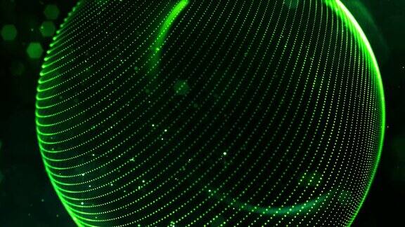 4k循环科幻绿色背景与散景和灯光效果辉光绿色粒子形成线表面弦球状结构作为虚拟空间或全息图的HUD屏幕11