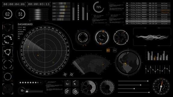 声纳雷达屏幕搜索物体的运动图形包括未来主义抬头显示(HUDUI)技术界面屏幕和聊天面板抽象背景Alpha通道