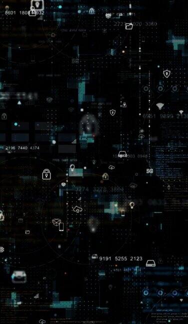 运动图形的蓝色数据矩阵模拟数字网格线和ai技术图标与未来的HUD屏幕上的黑色抽象背景垂直视频概念