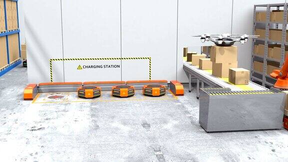 配备机械臂、无人机和机器人搬运工的现代化仓库