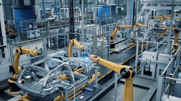 汽车工厂3D概念:自动化机器人手臂装配线制造高科技绿色能源电动汽车建筑建筑焊接工业生产输送机高架广角镜头