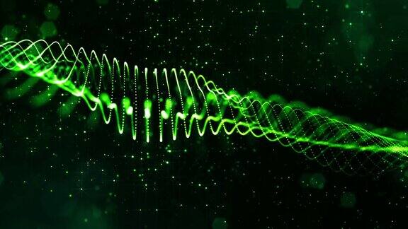 4k循环科幻绿色背景与散景和灯光效果辉光绿色粒子形成线表面弦结构作为虚拟空间或全息图的HUD屏幕8