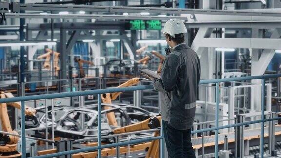 多民族汽车工厂工程师在使用平板电脑的工作制服用机械臂生产汽车的汽车工业制造工厂自动组装厂