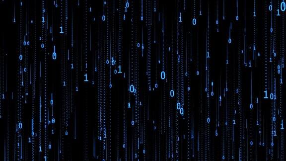 4K分辨率数字二进制数据流码矩阵背景编程编码黑客概念蓝色数字下落线的网络空间二进制代码数字雨数字字符串密码加密空间创新技术动画