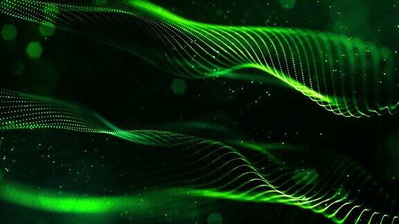 4k循环科幻绿色背景与散景和灯光效果辉光绿色粒子形成线表面弦结构作为虚拟空间或全息图的HUD屏幕5