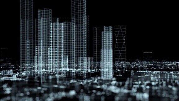 粒子的三维数字城市4k动画飞过一群摩天大楼