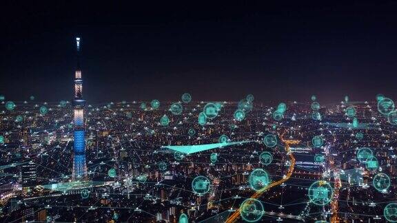 全球通信技术和夜晚东京城市